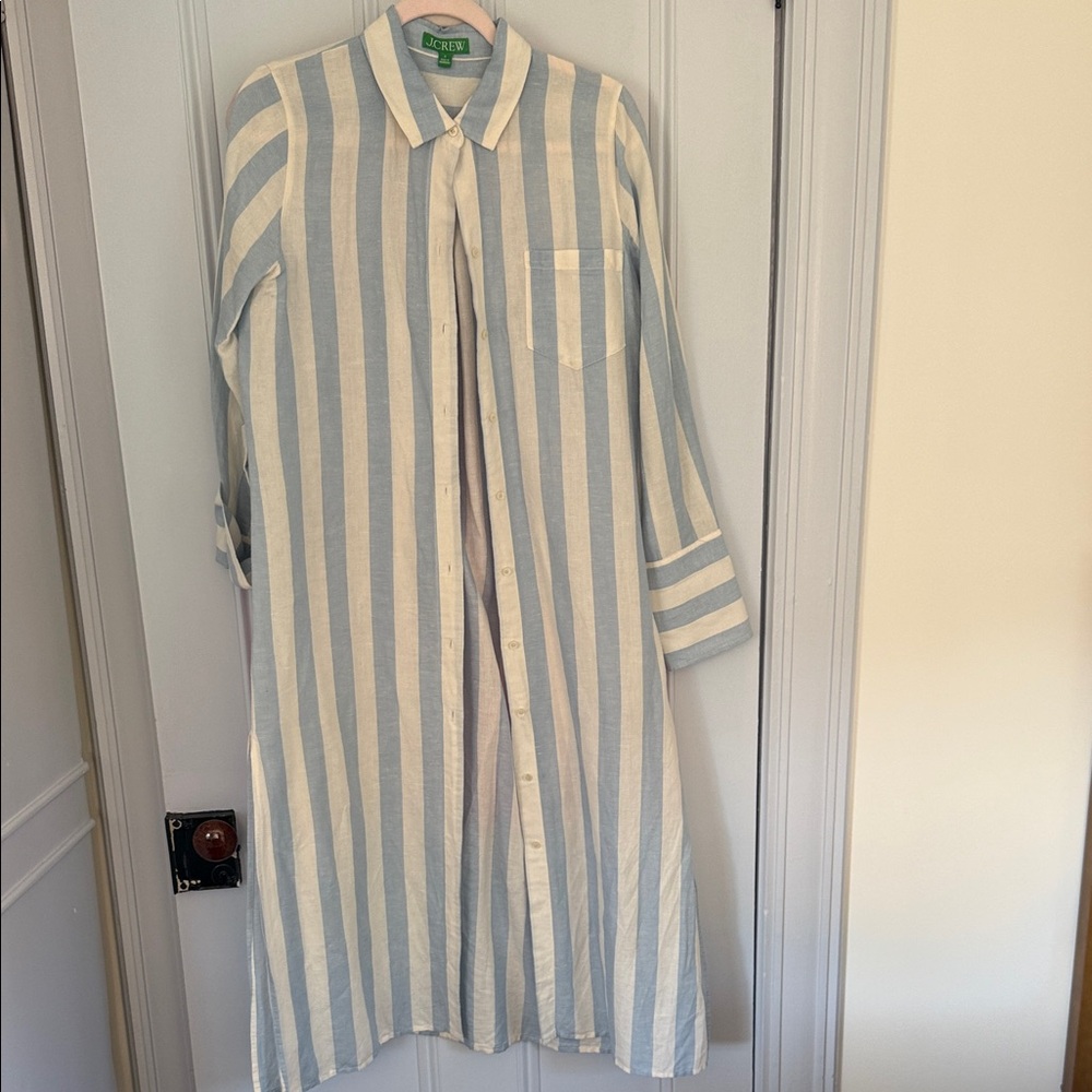 J. Crew Light Blue and White Vertical Stripe Shirt Dress